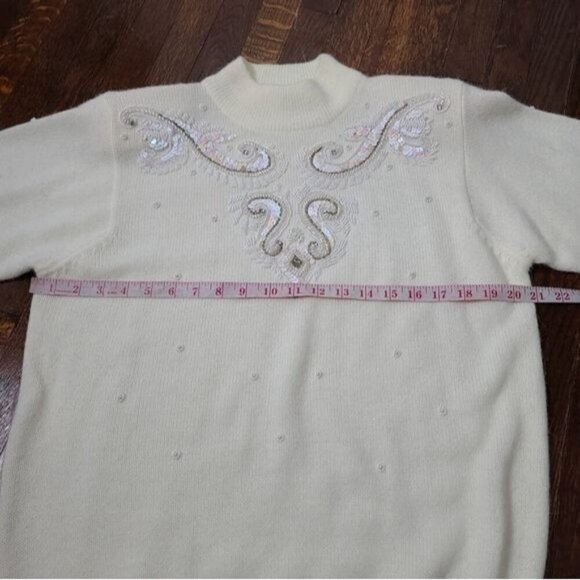 Vintage 90's Ivory Sequin Beaded Mockneck Sweater Medium - Picture 8 of 11